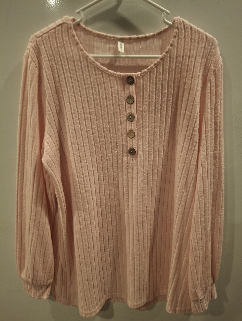 Light Pink Ribbed Button-Front Long Sleeve Top